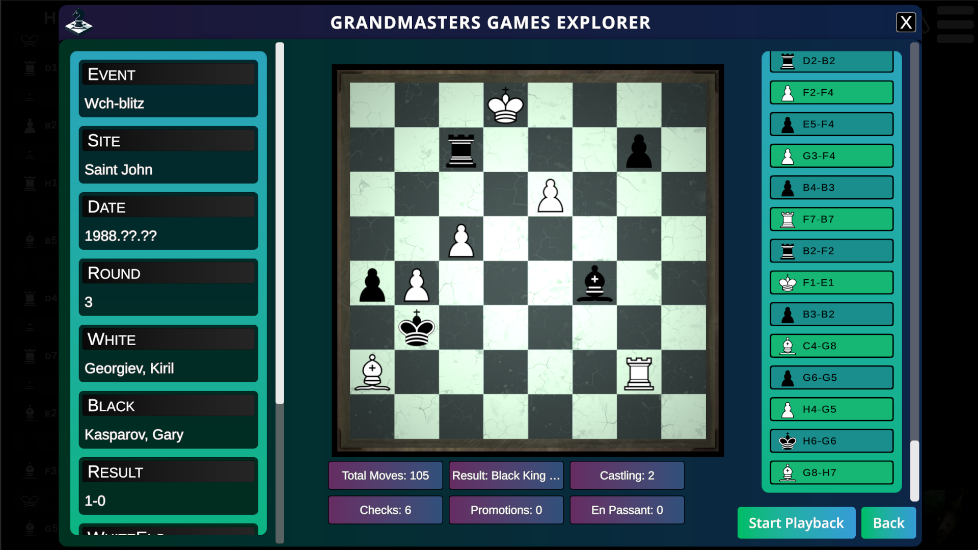 Divinity Chess games explorer showing its searchable game library