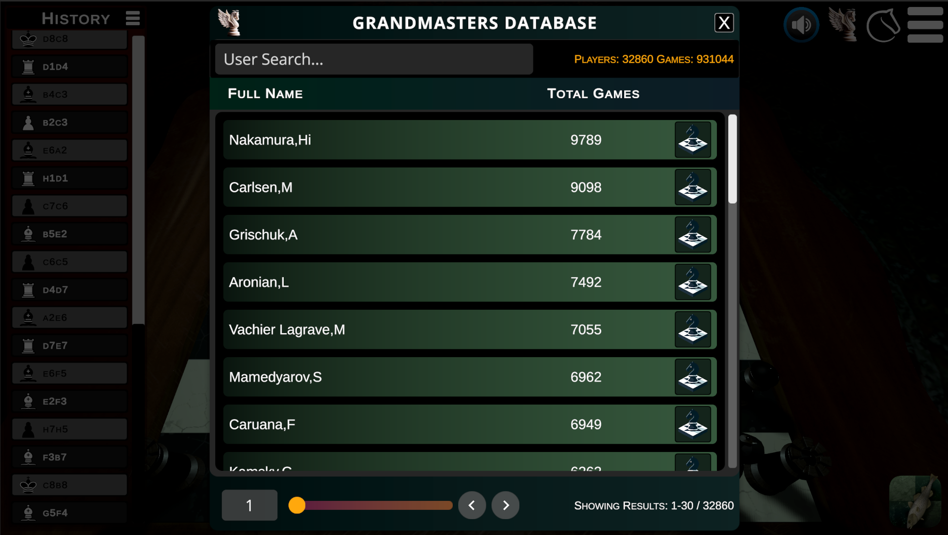 Search interface for finding grandmaster games