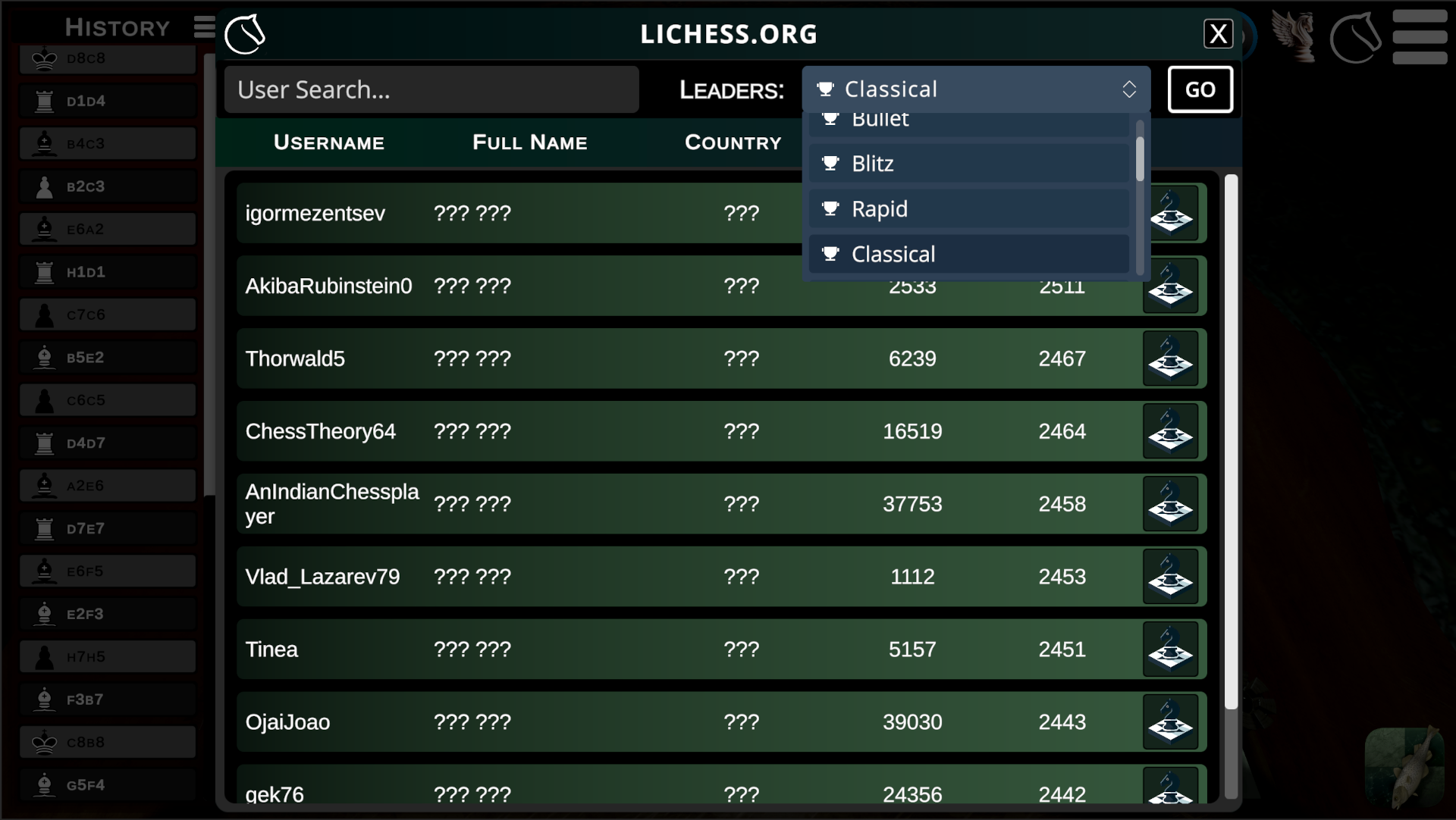Lichess classic leaderboard inside Divinity Chess