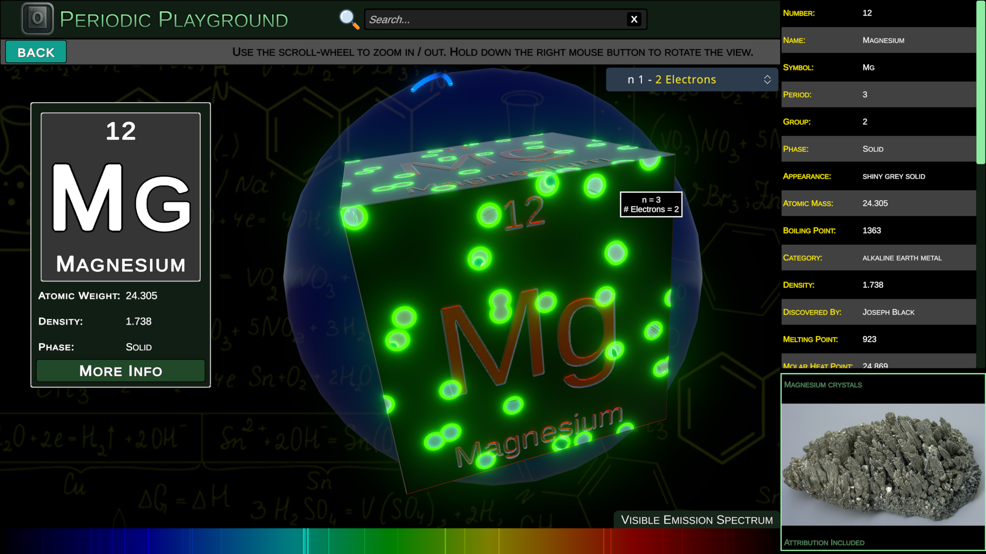 Magnesium detail view with a zoomed 3D atom, electron shell information, properties, and crystal image