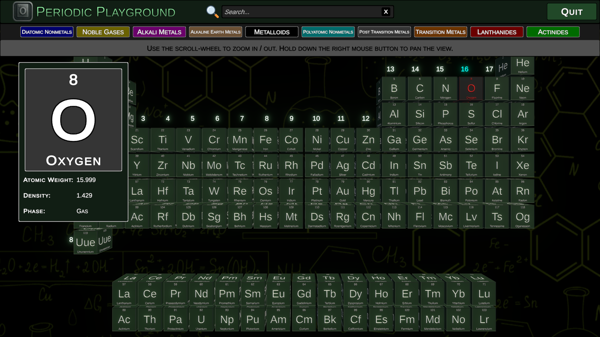 Periodic Playground opening screen showing the color-coded periodic table, search field, categories, and oxygen details
