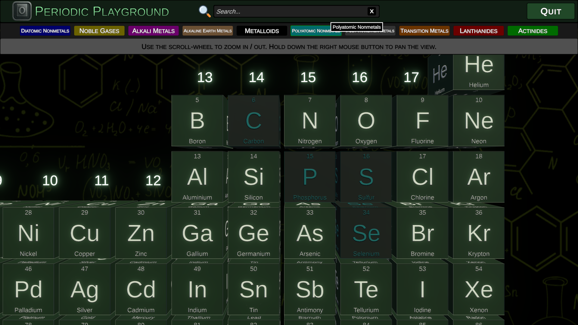 Periodic table zoomed in with the polyatomic nonmetals category highlighted