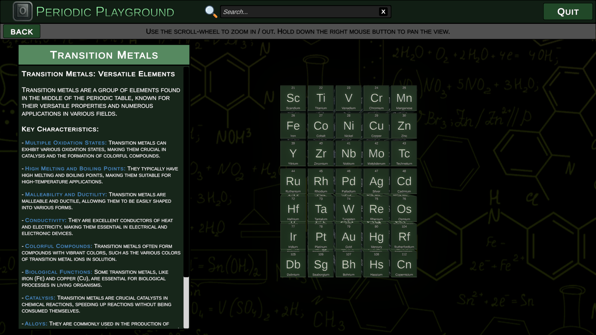 Transition metals group with an educational explanation of its properties and uses